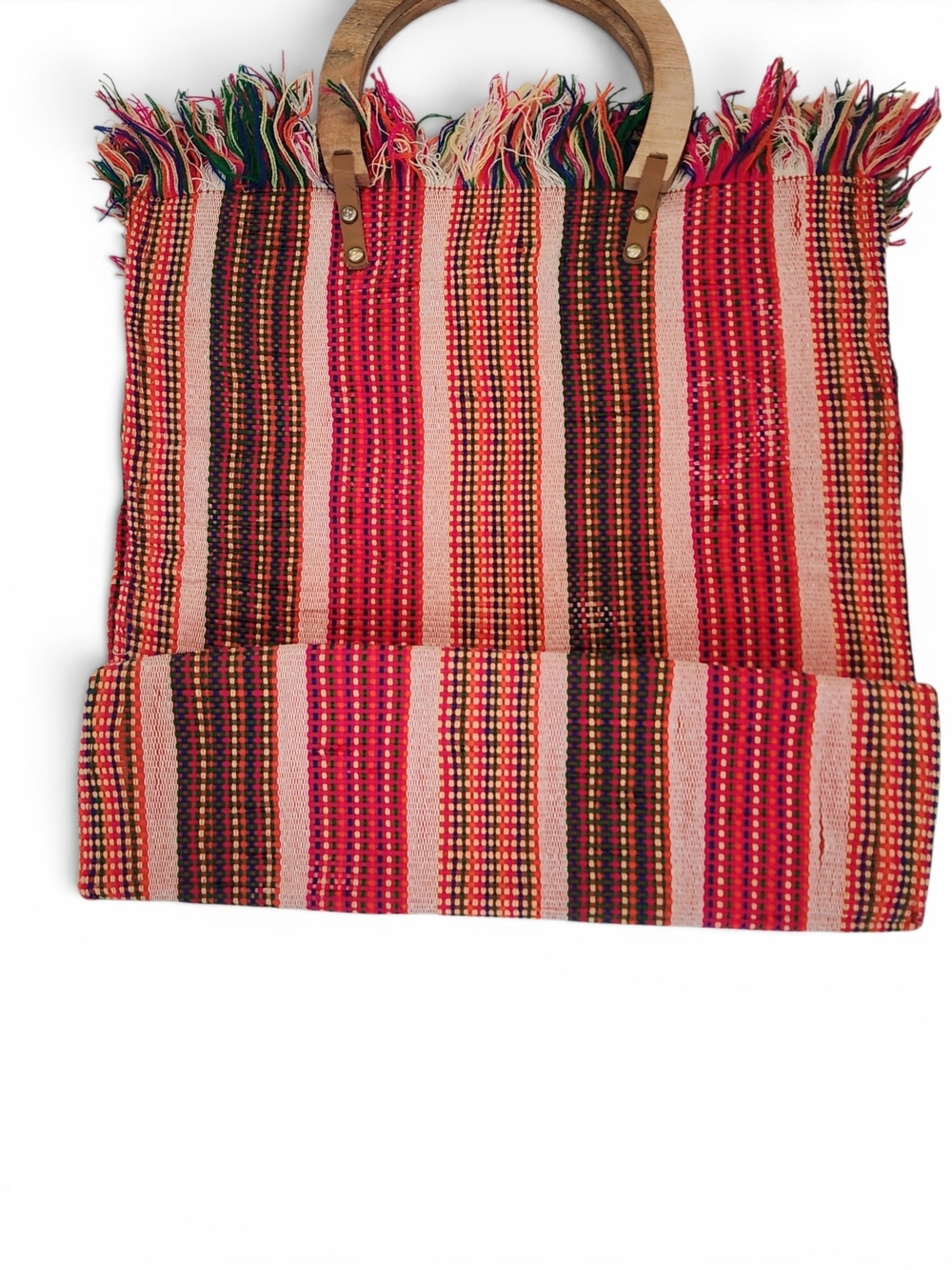 Mersea Red Striped Handwoven Tote with Wooden Handles - Picture 3 of 8